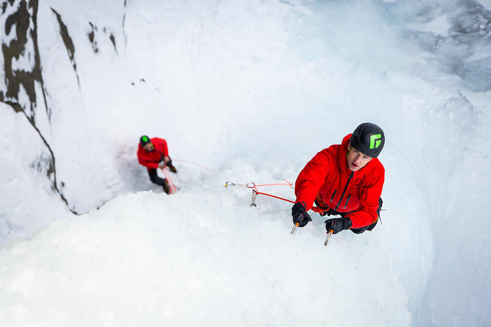 Greg Barrett ice climbing The Pencil on Polar Circus in Banff National Park